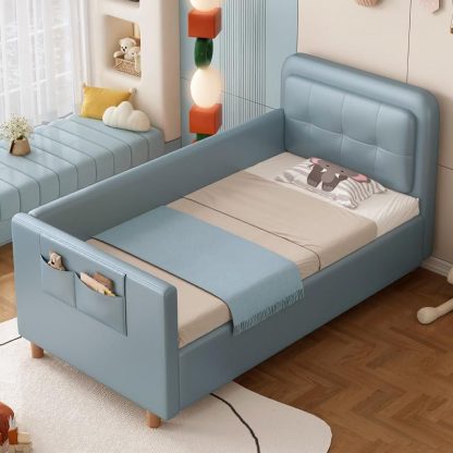 "Azure Timber Standard Children Bed Faux Leather with Repository, Headboard, Guardrail and Coir Mattress"