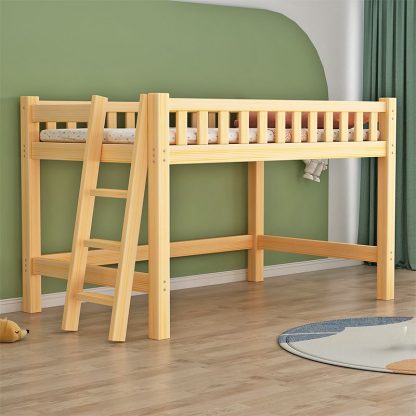 "Modern Natural Pine Gender Neutral Platform Kids Loft Bed with Ladder and Surrounding Guardrail"
