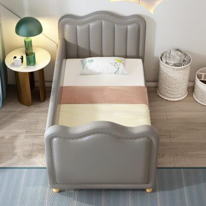"Gray Leatherette Gender Neutral Standard Children Bed with Timber Frame, Headboard, Guardrail and Coir Mattress"