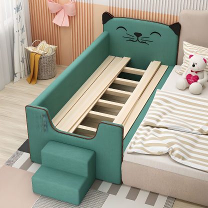 "Dove Grey/Rose Lumber Panel Standard Children Bed with Animal Theme, Coir Mattress, Gender Neutral & Guardrail"