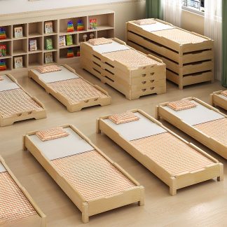"Art Deco Pine Wood Panel Children Bed in Sand Tone, Gender Neutral Design"