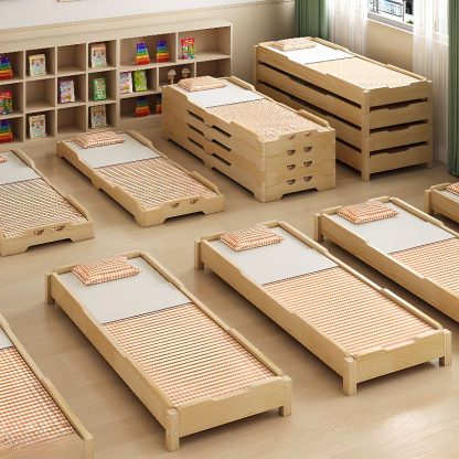 "Art Deco Pine Wood Panel Children Bed in Sand Tone, Gender Neutral Design"
