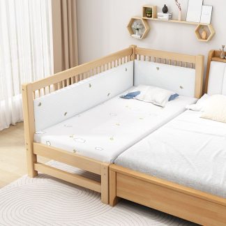 "Trendy Beech Gender Neutral Platform Standard Kids Bed with Natural Surrounding Guardrail"