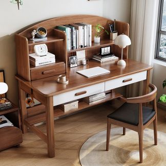 "Timber Kids Computer Desk in Chalk/Brown/Natural Color with Locker, 3 Shelves, Hutch, and Wood Drawer Glides"