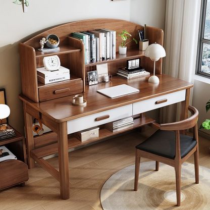 "Timber Kids Computer Desk in Chalk/Brown/Natural Color with Locker, 3 Shelves, Hutch, and Wood Drawer Glides"