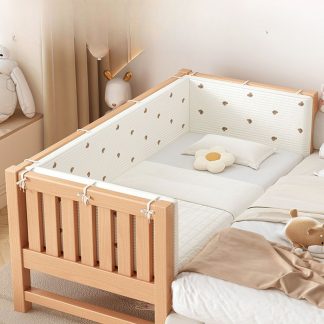 "Art Deco Beech Standard Children Bed in Natural Finish with Guardrail for Gender Neutral"