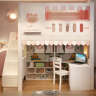 "Chalk Lumber Kids Loft Bed with Animal Theme, Storage, 4 Drawers, Stairs & Guardrail"
