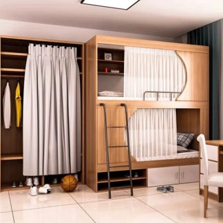"2 Cabinets Natural Color Children Bunk Bed with Cotton, Headboard, Coir, Ladder, Guardrail"