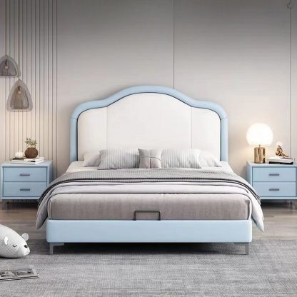"Azure Trendy Timber Standard Children Bed with Artificial Leather Panel Headboard and Coir Mattress for Gender Neutral"
