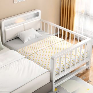 "Modern Alloy Gender Neutral Pu Leather Standard Children Bed with Headboard, Detachable Guardrails"