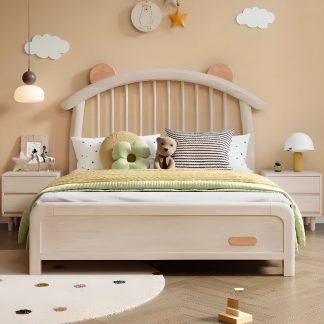 "Cream Minimalist Standard Children Bed with Animals Theme, Natural Wood, Headboard for Gender Neutral"